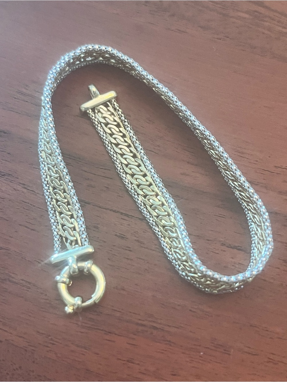 14k two tone gold bracelet 8” mesh with silver rows ring clasp made in Italy - Picture 6 of 15